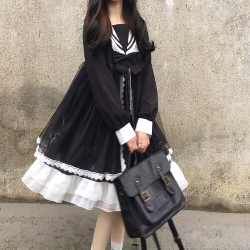 Japanese Lolita Style Harajuku Gothic Bandage Sweet Sailor Collar Bow Girl Cosplay Full Sleeve Lace Kawaii Ruffles Dresses