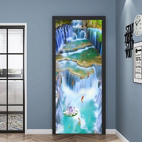 Oil Painting Style Waterfall Scenery DIY Door Sticker Home Decoration Wall Stickers Kitchen Art Mural Peel & Stick PVC Wallpaper