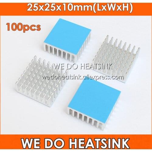 WE DO HEATSINK 100pcs 25x25x10mm Silver Slotted Aluminum LED Miner Heatsink With Thermally Conductive Adhesive Transfer Tape