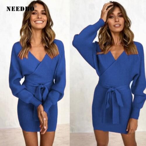 NEEDBO Women Dress Casual Elegant Knitted Mini Dress Autumn Winter Ladies Sexy Sweater Dress Long Sleeve Vintage Korean Dresses