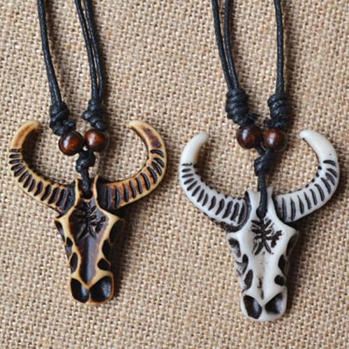1pcs Punk Style Faux Yak Bone Bull/OX Head Skull Carved YoGa Pattern Pendant Necklace Women&Men Jewelry