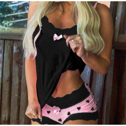 Print Sleepwear Women Satin Sexy Lace Pajamas Set Elegant Sleeveless Top and Shorts Night Suit Set Home Wear 2021
