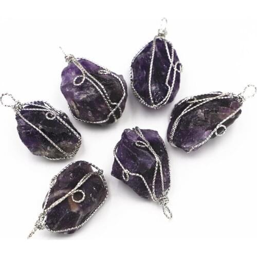 New Natural Stone Raw Ore Wire Wrapped Irregular Amethysts Pendants Chakras Reiki for Women Jewelry Making 6Pcs/Lots Wholesale