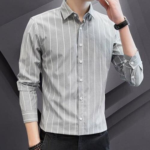 Spring Autumn Handsome Fashion Mens Shirts Harajuku Casual Cotton Long Sleeve Slim Fit Striped Shirts White Gray Black
