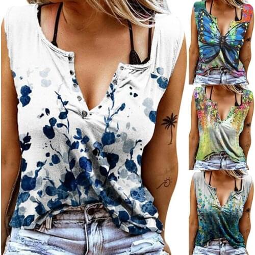 S-5XL Women Fashion Sleeveless Butterfly Print T Shirt Summer Casual Loose Button Floral Print Blouse Female Tank Top Plus Size
