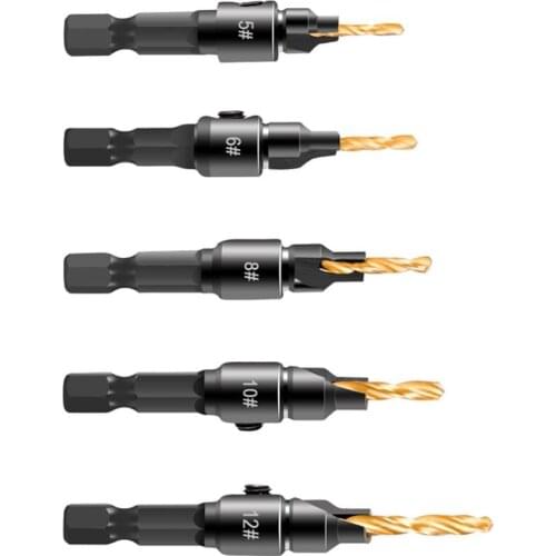 6pcs Woodworking Countersink Drill Bit High Carbon Steel Titanium Plated Chamfering Hex Shank Drill Bit with L-shape Wrench