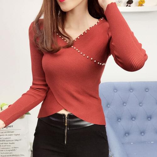 Woman Sweaters Beaded V-neck Irregular Cross Midriff-Baring Knitted Sweater Womens Top Sweater Femme Chandails Pull Hiver