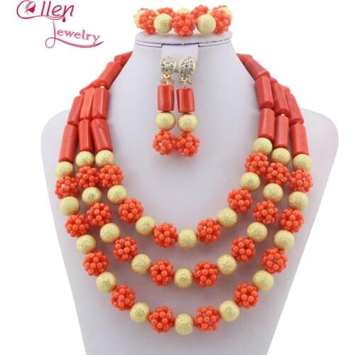 Magical 2019 womens Jewelry Coral Beads African Jewelry Set Nigerian Wedding Necklace Jewellery parure Free Shipping W9027