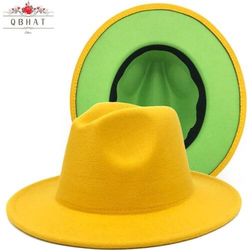 QBHAT Ladies Jazz Church Sombrero Caps Wide Brim Rose Red Lime Green Yellow Two-Tone Double-sided Patchwork Felt Fedora Hat