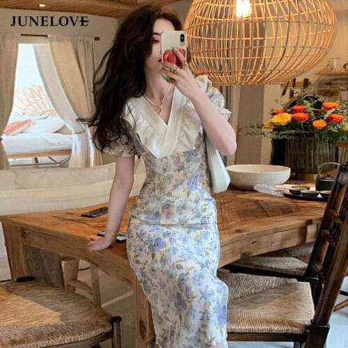 Vintage Print Floral Dress Women Summer High Waist Beach Outing Elegant Split Dress Patchwork V-Neck Casual Party Dress 2021