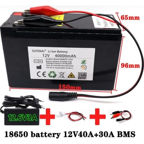 NEW 12V 40Ah 18650 lithium battery pack 3S6P built-in high current 30A BMS for sprayers electric vehicle batterie+12.6V charger