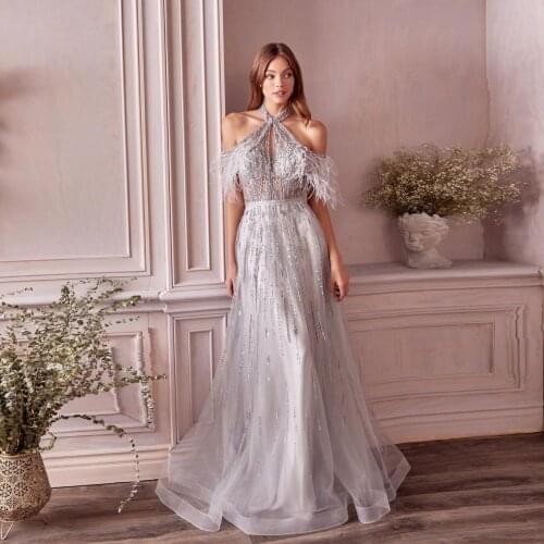 Elegant Long Prom Dresses 2021 Luxury Halter Feathers Cap Sleeves Sequin Shiny Tulle A-line Women Formal Evening Party Gowns