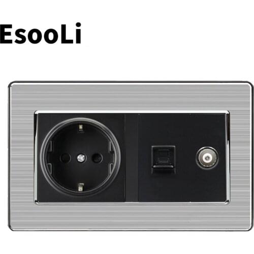 Esooli Black EU Standard Wall Socket+Female TV With Internet Computer Data RJ45 CAT6E Connector Stainless Steel Brushed