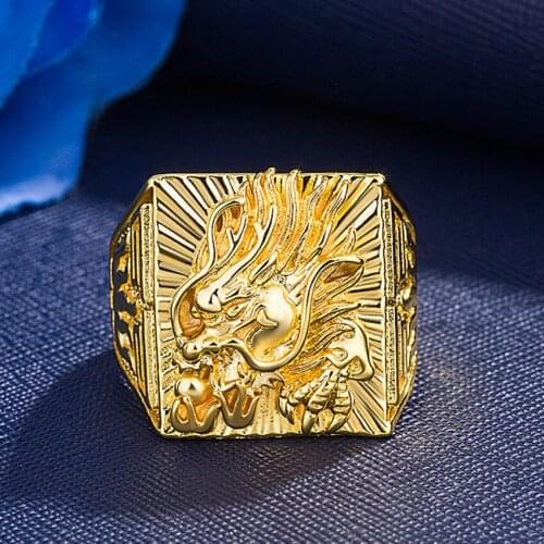 FYSL Light Yellow Gold Color Metal Chinese Dragon Resizable Finger Ring for Cool Men Jewelry