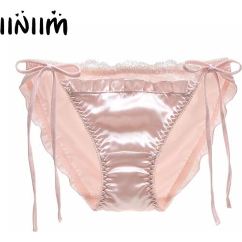 Iiniim Womens Lace Trim Satin Briefs Ladies Solid Color Sides Lace-up Pleated Panties Elastic Waistband Underwear Underpants