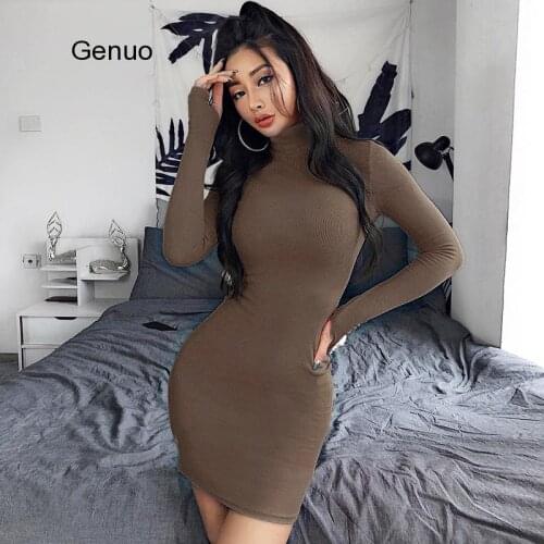 InstaHot Turtleneck Long Sleeve Skinny Dress Minimalist Autumn Knitted Casual Basic Mini Dress 8 Colors Elegant Party Slim Dress
