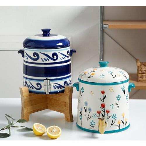 Creative Handpainted Ceramic Water Tank Household Large Capacity 5L Water Juice Wine Barrel With Tap Heat Resistant Teapot