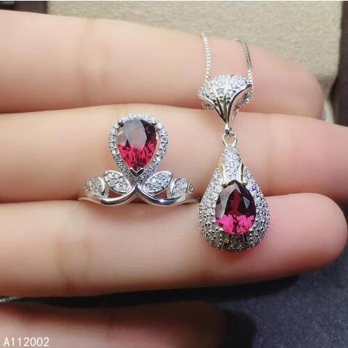 KJJEAXCMY fine jewelry natural garnet 925 sterling silver women gemstone pendant necklace chain ring set support test beautiful