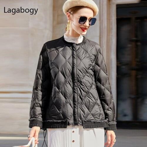 Lagabogy 2021 New Winter Jacket Women Ultra Light 90%White Duck Down Coat Demin Stitching Autumn Outwear Female Short Warm Parka