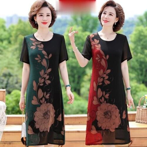 Retro Women Summer Large Size Dress 2021 Fashion New Casual Loose Print Dress O-neck Short Sleeve Ladies Chiffon Vestidos B164
