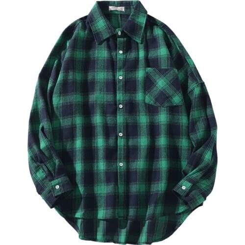 Brand 2021 Spring Autumn Long Sleeves New Flannel Collar Korea Style Green Red Shirt For Mens Plaid Harajuku Clothing