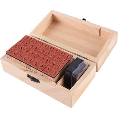 36pcs DIY Number Alphabet A-Z Stamp Set Letters Combination Wood Rubber Seal Set Vintage Wooden Box Gift School Supplies