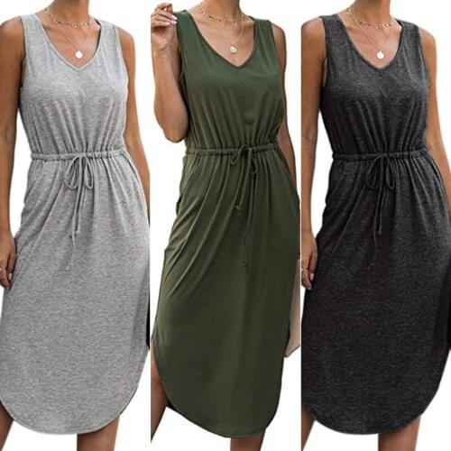 2021 New Plus Size Womens Dress V-Neck Sleeveless Casual Loose Sexy Cotton Mid-Length Skirt