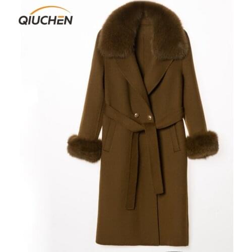 QIUCHEN PJ19100 2019 New arrival high quality cashmere women jacket with real fox fur collar and cuffs Fashion model