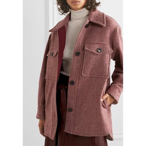 2021 Autumn Winter French Tooling Style Big Pocket Collage Color Herringbone Tweed Wool Blending Jacket