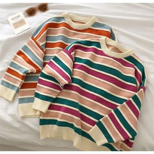 Autumn Winter Warm Oversized Sweater Women Casual Striped Knitted Sweaters And Pullovers Preppy Style Cute Jumper Pull Femme