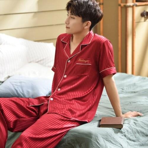 2020 New Large Size Couple Sleepwear Sexy Satin Silk Pajama Female Male Summer Short Sleeve Long Pants Thin Ice Silk Home Wear