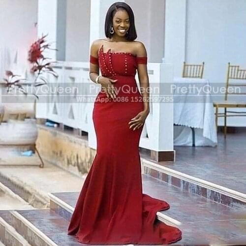 Mermaid Red Bridesmaid Dresses With Beads Peals Women Strapless Long Maid Of Honor Dress Bridal Party Gown