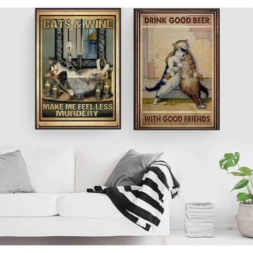 Vintage Abstract Style Cat Drinking Wine Read Book Canvas Painting Posters And Prints Wall Pictures For Living Room Decoration