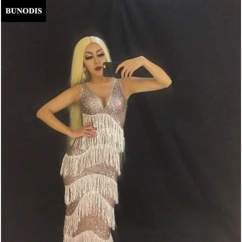 ZD116 White Tassel Women Long Skirt Sparkling Crystals Costume Nightclub Party Singer Dancer Performance Stage Wear Clothing