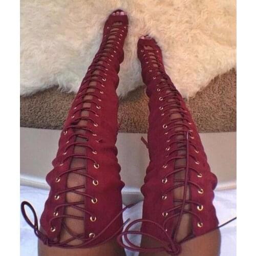 New Fashion Women Suede Leather Lace-up Over Knee Thin Heel Gladiator Boots Thin High Heel Long Boots Real Picture Dress Shoes