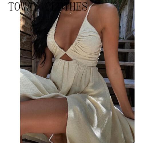 Women Summer Sleeveless V-Neck Solid Strap Slim Cut-out Slit Midi Dress Summer Dress For Women 2021