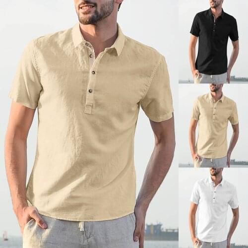 2021 New Slim Fit Dress Shirt For Men Vintage Cotton Linen Shirts Solid Short Sleeve Button Turn-down Collar Shirts Tops Blouse