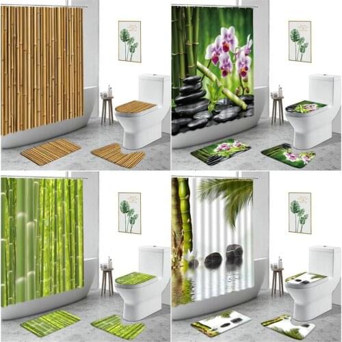 3D Bamboo Zen Stone Shower Curtains Water Surface Lotus Green Plant Flower Fabric Bathroom 4-Piece Non-Slip Carpet Bath Curtain
