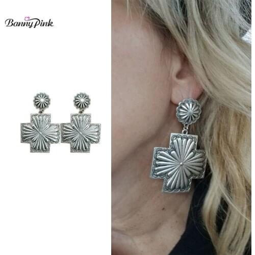 Banny Pink Gypsy Big Cross Dangle Earrings For Women Ethnic Antique Carved Metal Jewelry