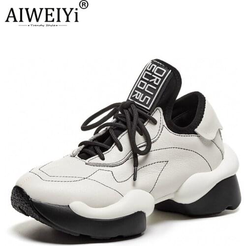 AIWEIYi White Sneaker Genuine Leather Lace Up Casual Shoes Thick Bottom Platform Women Shoes