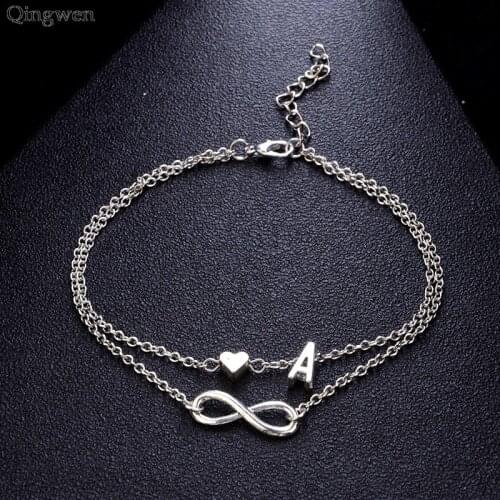 Qingwen Fashion Letter Couple Bracelet Anklets Hearted Jewelry 26 Letter Alloy Bracelet Gifts for Women