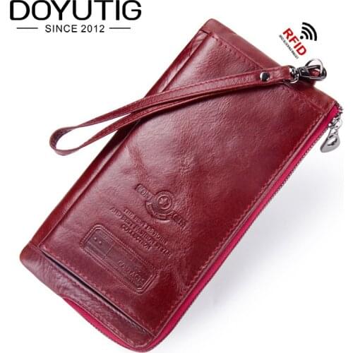 DOYUTIG Vintage Womens Genuine Leather RFID Wallets Female Long Clutch Lady Luxury Brand Money Bags Zipper Coin Purses A205