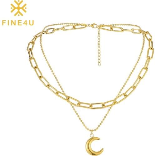 FINE4U N899 Dainty Layering Paperclip Chain Necklace Simple Adjustable Initial Moon Pendant Necklace for Women Jewelry Gifts