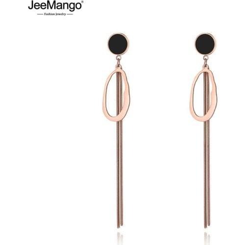 JeeMango Trendy Bohemia Titanium Steel Tassel Party Dangle Earrings Rose Gold Black/White Acrylic Ear Jewelry For Women JE19173