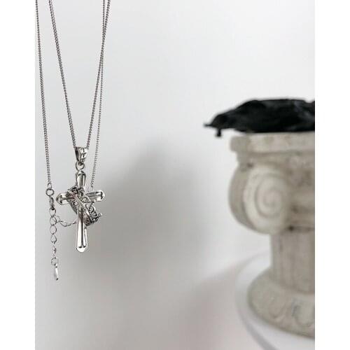 Korean version of S925 sterling silver, trendy temperament, retro crown cross, old personality necklace necklace, female