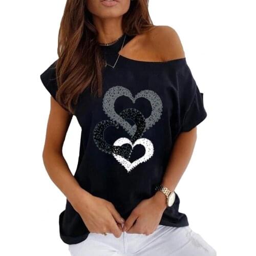 Summer Women Tops T-shirt Heart Print Short Sleeve Tops Women Round Neck Tops Hollow Out Shoulder Top Party