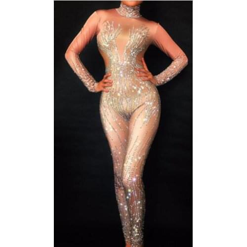 Fashion Sparkly Silver Rhinestones Nude Bodysuit Sexy Nightclub Bar Wear Full Jumpsuit Costume Prom Birthday Celebrate Outfit
