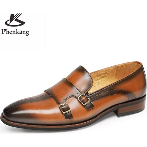 Phenkang Autumn Men Loafers Black Brown Genuine Leather Handmade Paint Monk Strap Mens Dress Shoes Wedding Party Stylish Shoes
