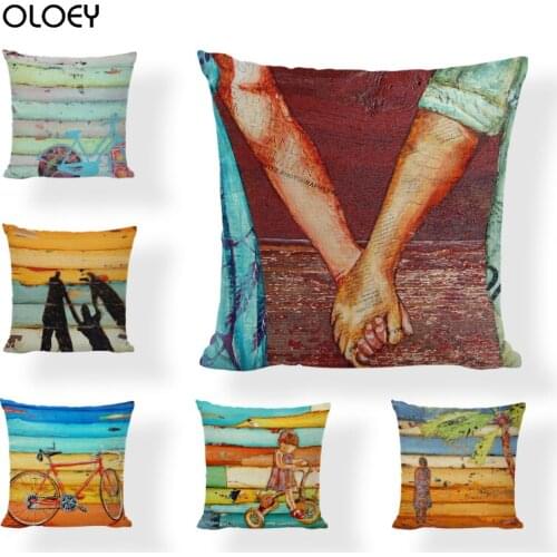 Seascape Oil Painting Bicycle Umbrella Peach Skin Cushion Cover Home Office Beach Wedding Car Decoration Cushion Cover 45x45cm