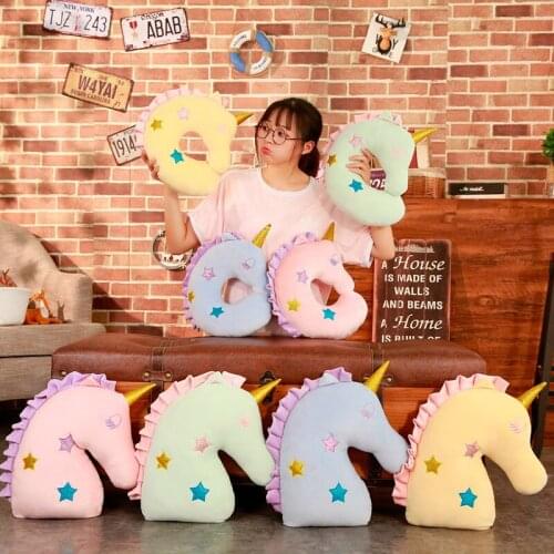New Arrive 2 Styles Unicorn Head Plush Body U Shaped Neck Pillow Stuffed Animal Decor Yellow/Green/Blue/Pink Kids Gift
